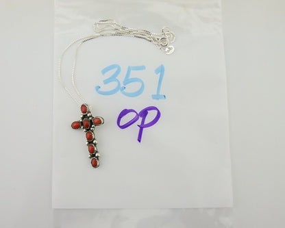 Navajo Cross Necklace 925 Silver Mediterranean Coral Native American Artist C80s