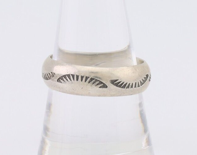 Navajo Hand Stamped Band 925 Silver 6.0 mm Signed Larry Chavez Size 9.0 C.80's