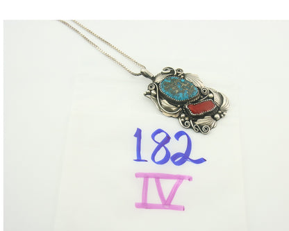 Navajo Necklace 925 Silver Morenci Turquoise & Coral Signed Justin Morris