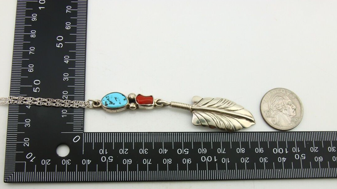 Navajo Feather Necklace 925 Silver Coral & Turquoise Signed M Montoya C.80's