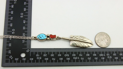 Navajo Feather Necklace 925 Silver Coral & Turquoise Signed M Montoya C.80's