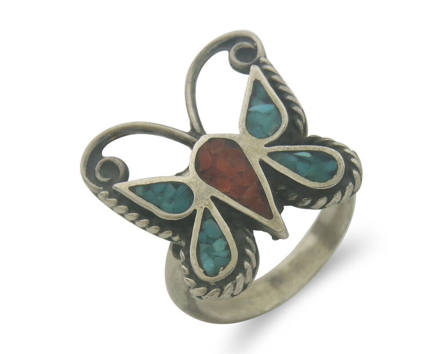 Navajo Ring 925 Silver Inlaid Butterfly Turquoise & Coral C.80's Size 4.5