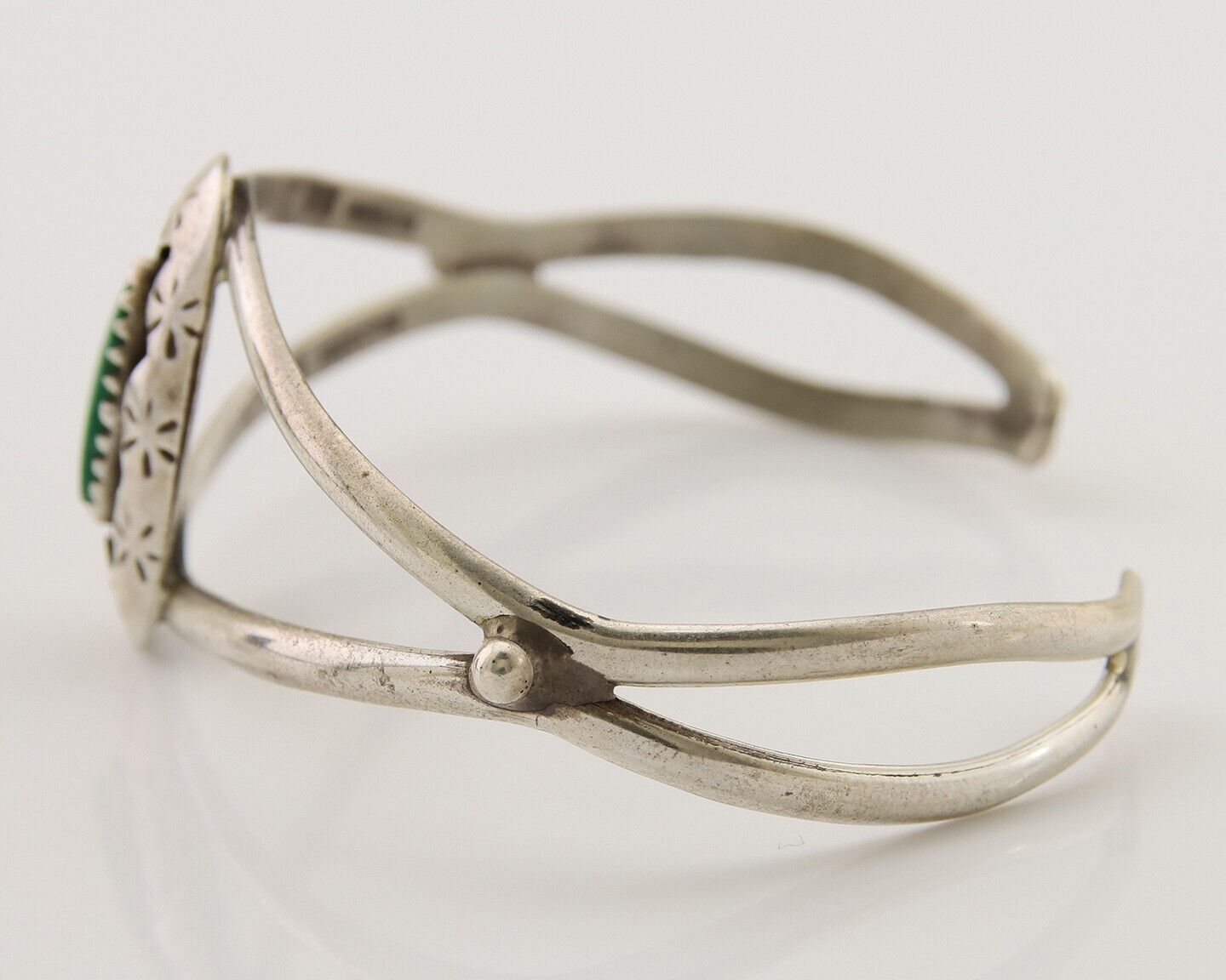 Navajo Hand Stamped Cuff Bracelet Malachite 925 Silver Artist Signed IJC C.80's