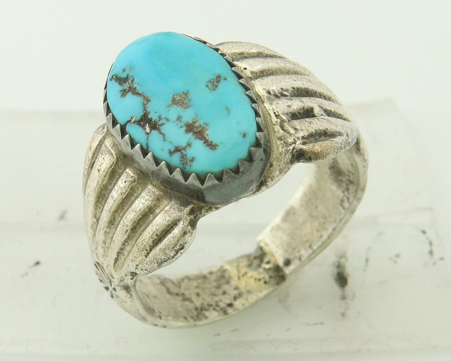 Vintage Navajo Ring 925 Sterling Silver Sand Cast Authentic Turquoise Size 7.5