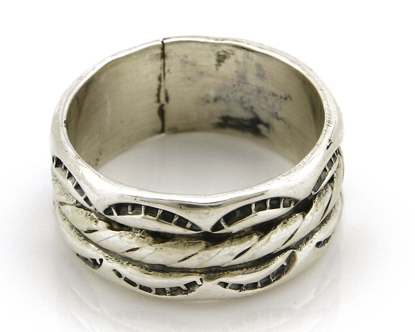 Navajo Ring .925 Silver Handmade Hand Stamped 3 Row Rope Band C.1980's