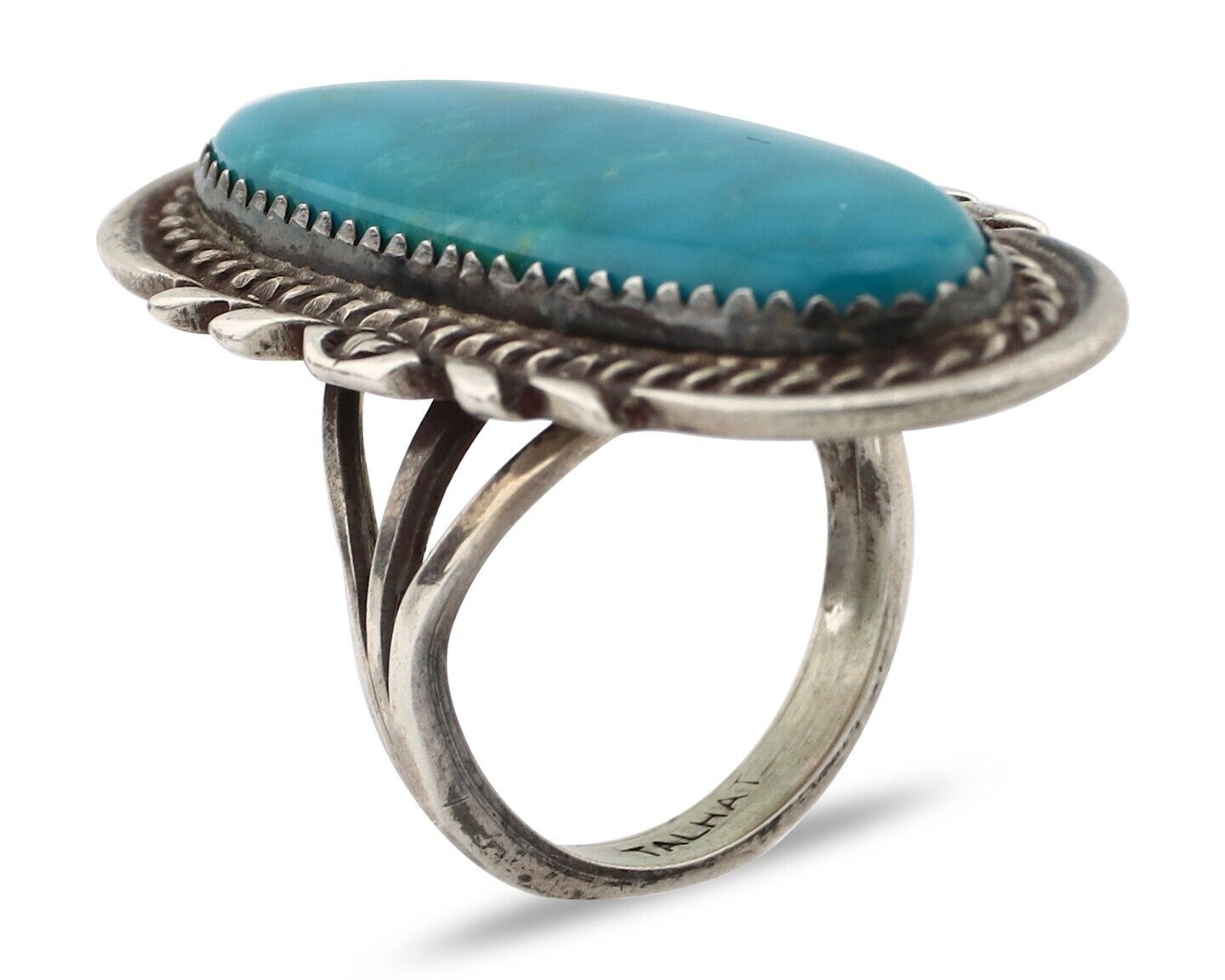 Navajo Ring 925 Silver Natural Blue Turquoise Artist Signed TALHAT C.80's