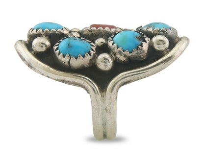 Navajo Ring 925 Sterling Natural Coral & Turquoise Signed EH C.80's Size 5.75