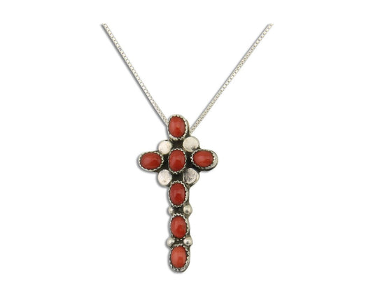 Navajo Cross Necklace 925 Silver Mediterranean Coral Native American Artist C80s