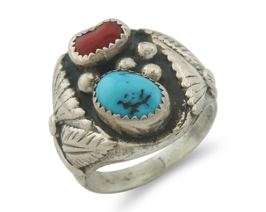 Men Vintage Navajo Ring 925 Sterling Turquoise & Coral Native Artist Size 12.5