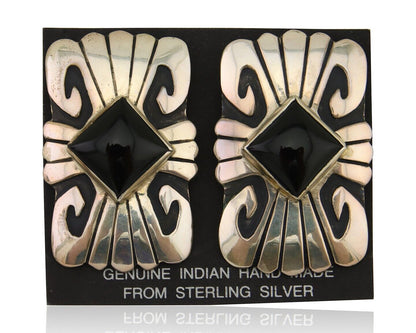 Navajo Handmade Earrings 925 Silver Onyx Artist Signed Thomas Singer C.70's