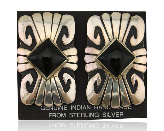 Navajo Handmade Earrings 925 Silver Onyx Artist Signed Thomas Singer C.70's