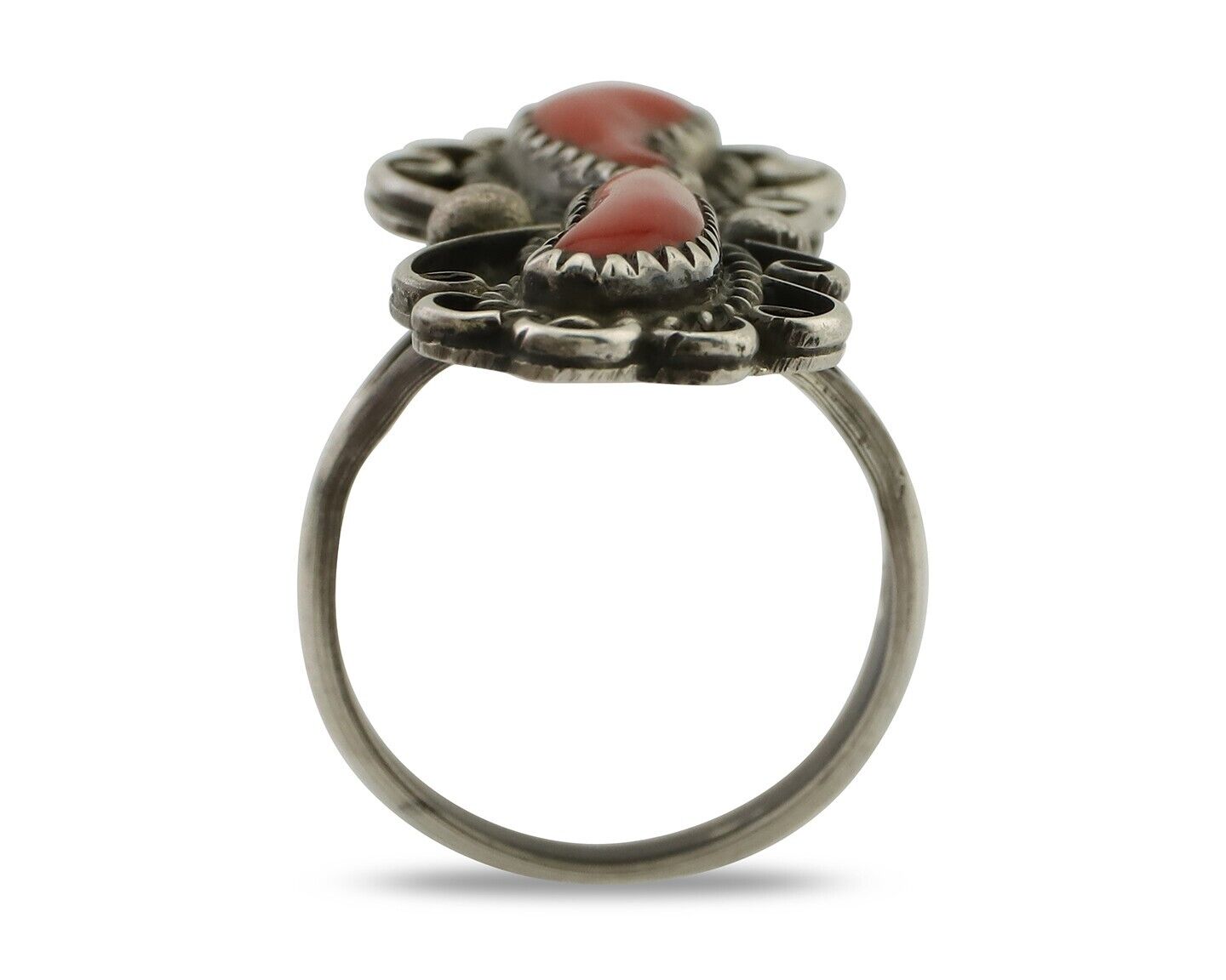 Navajo Ring 925 Silver Mediterranean Coral Native American Artist C.80's