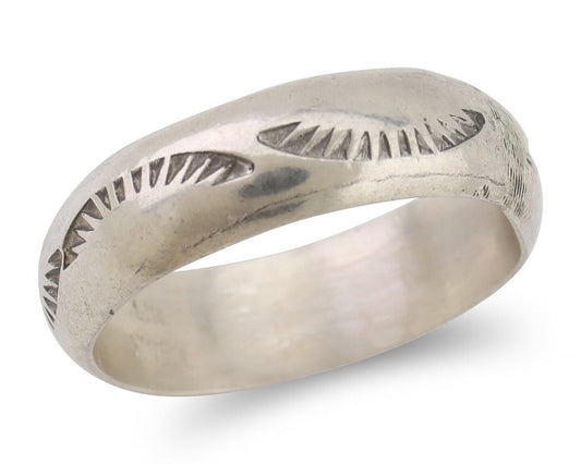 Navajo Hand Stamped Band 925 Silver 6.0 mm Signed Larry Chavez Size 8.75 C.80's