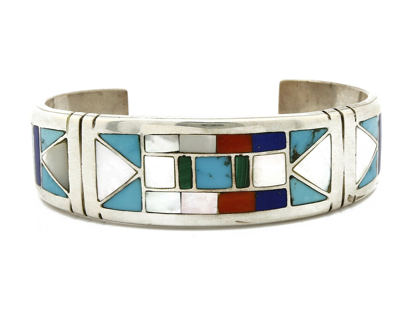 Early Artist David Freeland Inlaid Natural Gemstone .925 SOLID Silver Cuff