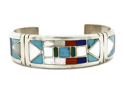 Early Artist David Freeland Inlaid Natural Gemstone .925 SOLID Silver Cuff