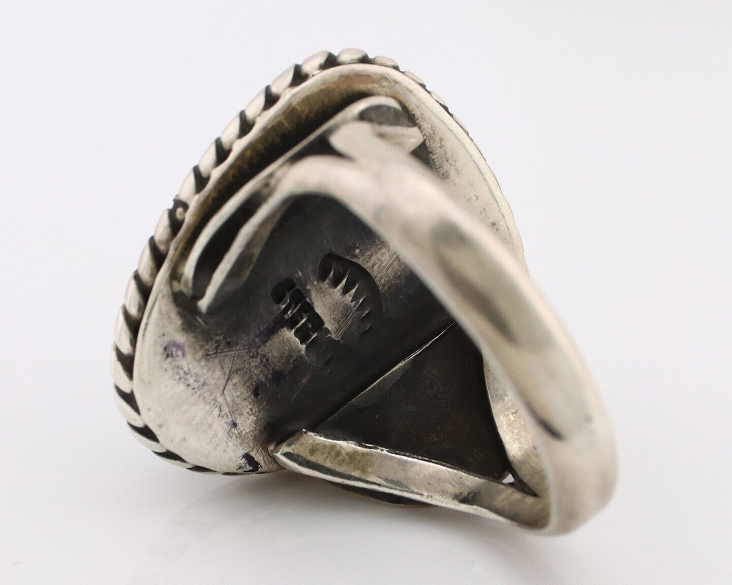 Navajo Ring 925 Silver Green Spiderweb Turquoise Artist Signed Rising Sun C.80's