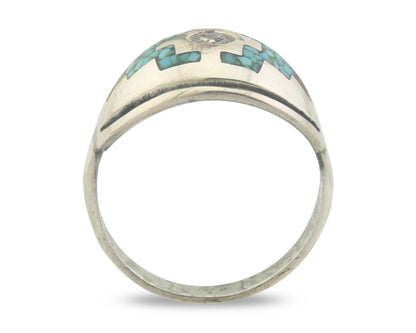 Navajo Ring 925 Sterling Natural Chip Inlay Coral & Turquoise C.80's Sz 8.0