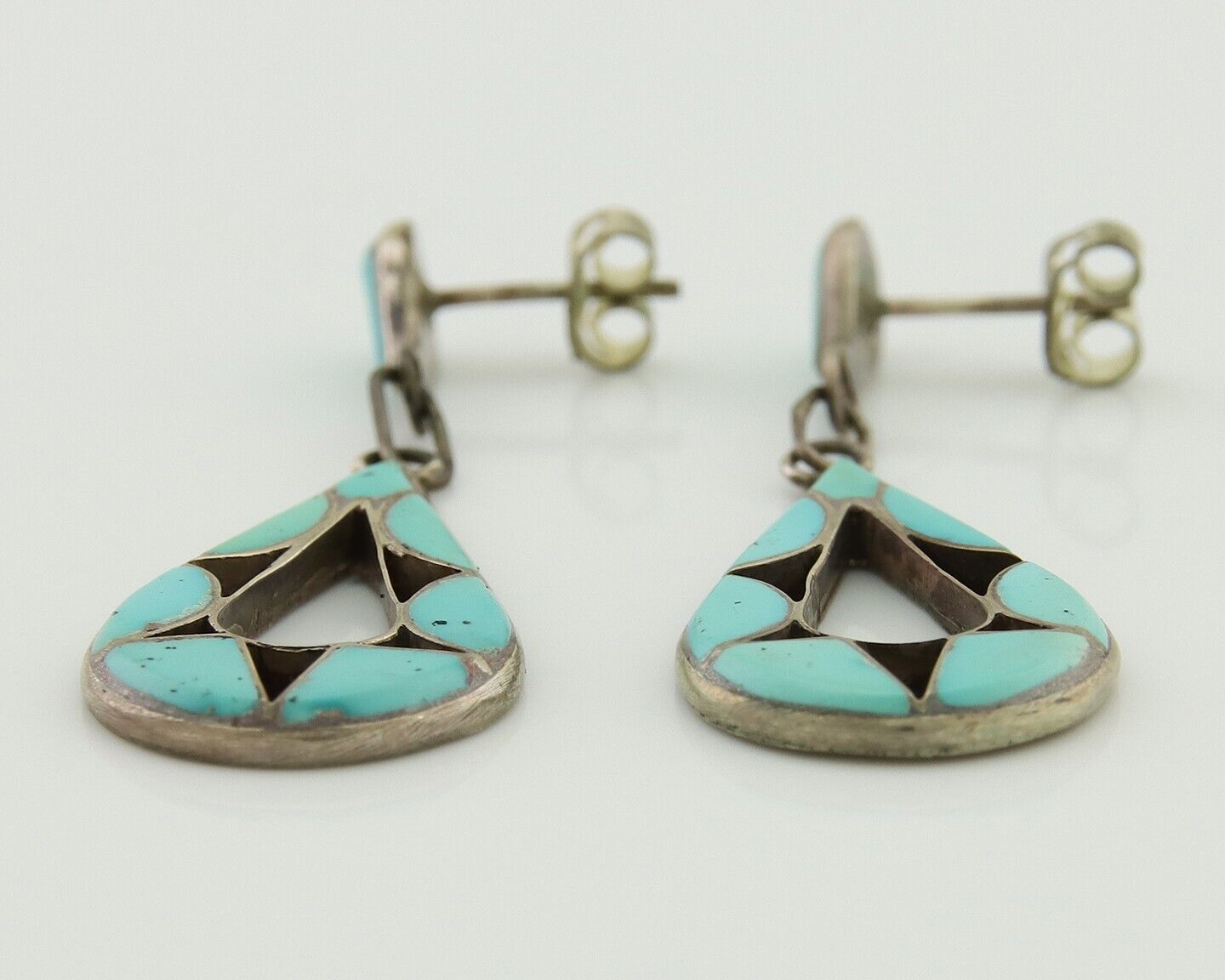 Zuni Dangle Earrings 925 Silver Natural Turquoise Native American Artist C.80's