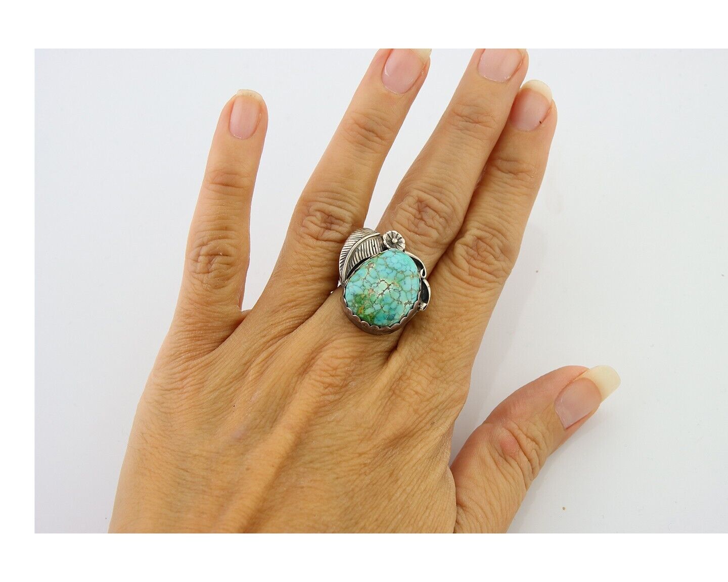 Navajo Ring 925 Sterling Blue Spiderweb Turquoise Native American Artist C.80's