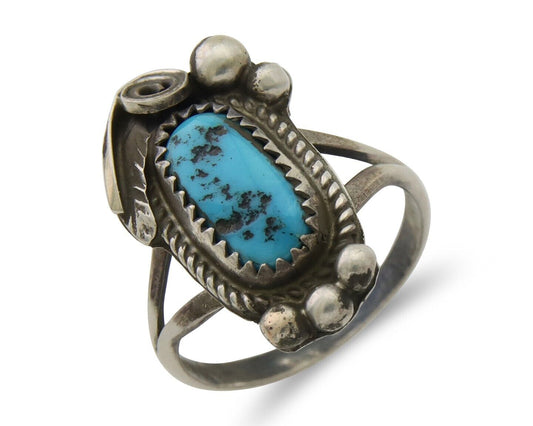 Navajo Ring 925 Silver Sleeping Beauty Turquoise Signed Justin Morris C.80's