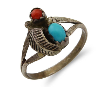 Navajo Handmade Ring 925 Silver Turquoise & Coral Native Artist C.80's