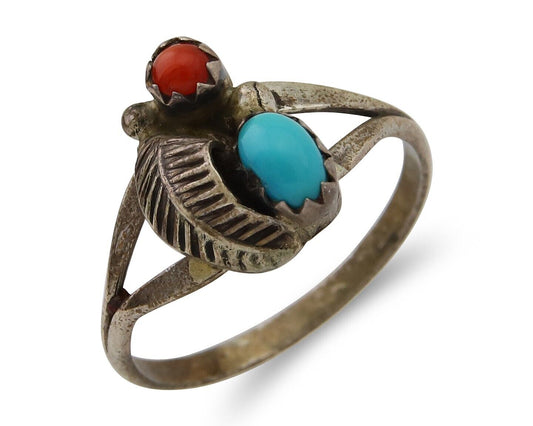 Navajo Handmade Ring 925 Silver Turquoise & Coral Native Artist C.80's