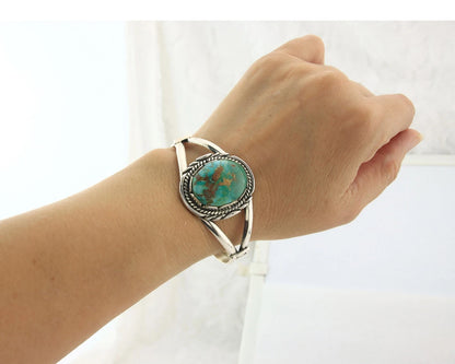 Navajo Cuff Bracelet Sterling Silver Kingman Turquoise Vintage Signed Sunrise