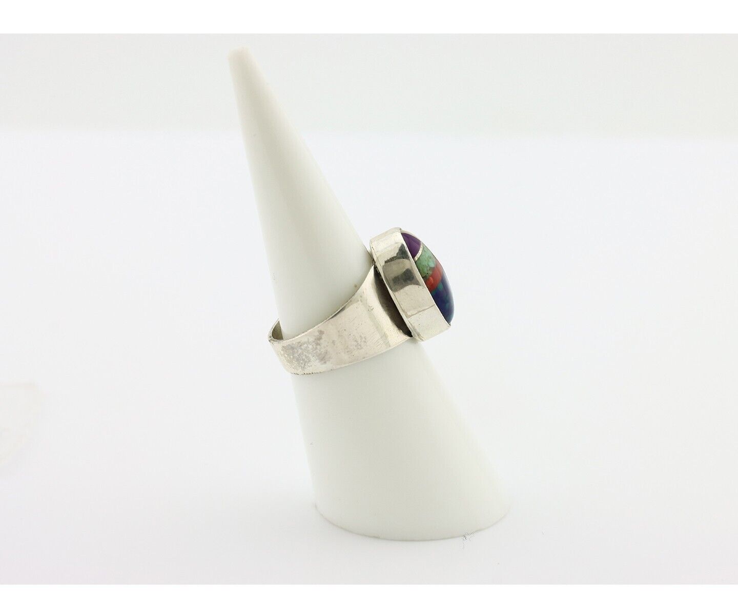 Zuni Inlaid Ring 925 Silver Mixed Natural Gemstones Native American Artist C.80s