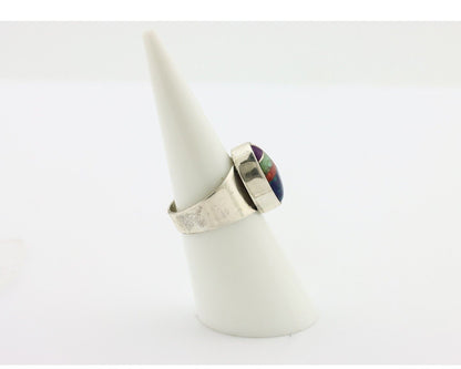 Zuni Inlaid Ring 925 Silver Mixed Natural Gemstones Native American Artist C.80s