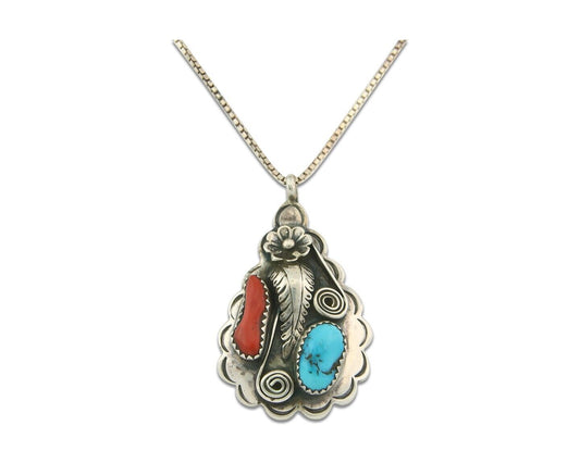 Vintage Navajo Necklace 925 Silver Turquoise & Coral Artist Signed JW TOM