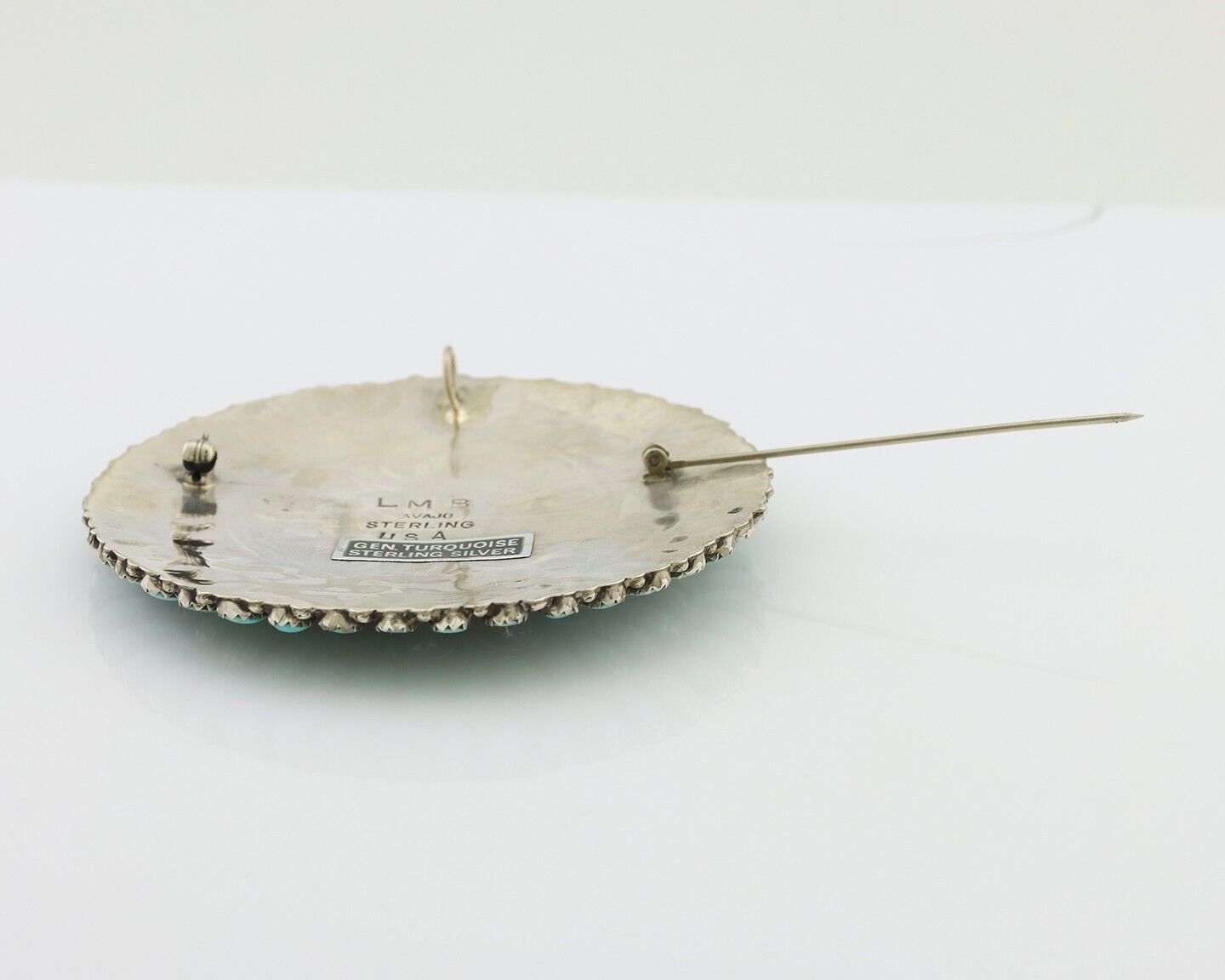 Navajo Pin Pendant 925 Silver Natural Kingman Turquoise Signed LMB C.80's