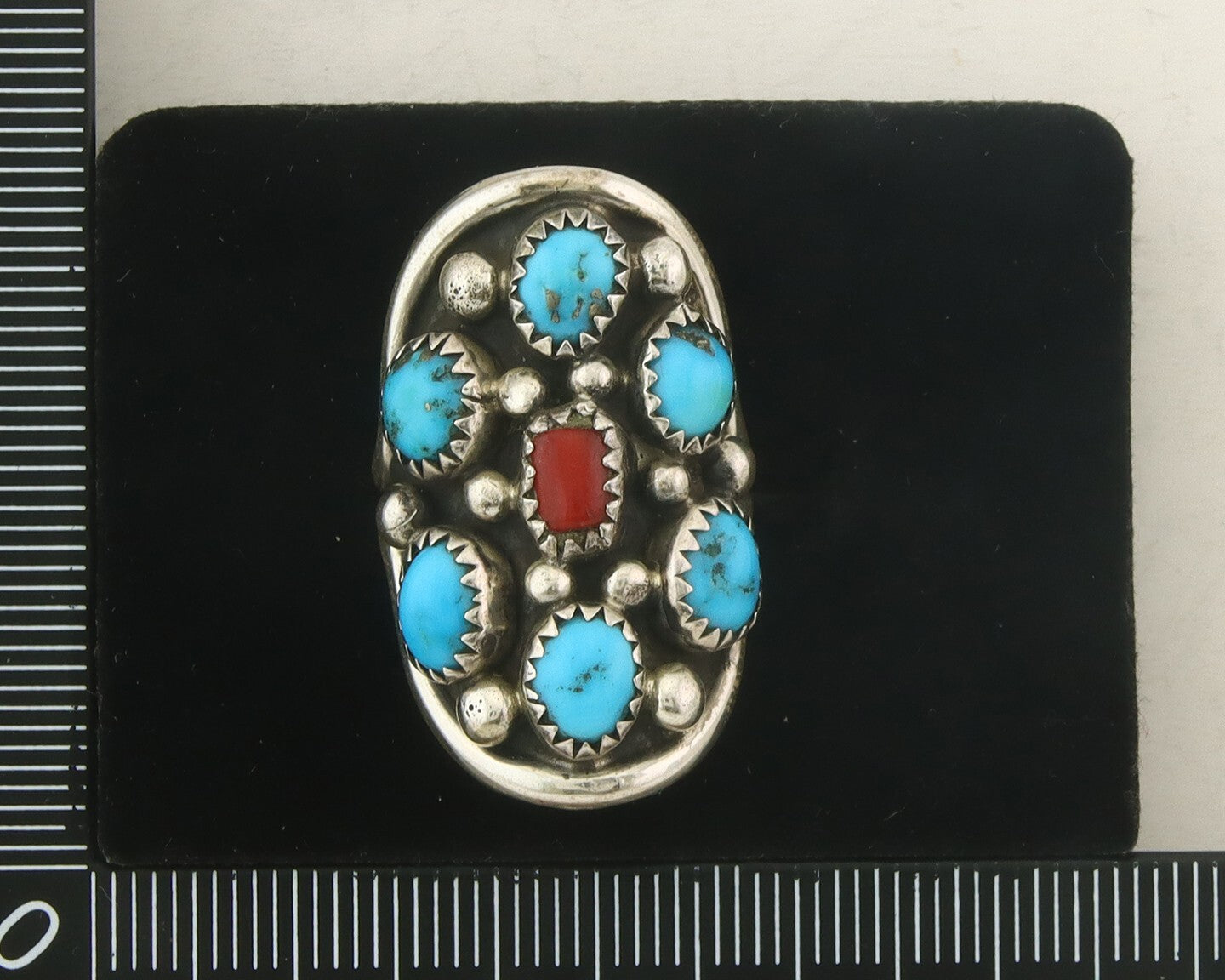 Navajo Ring 925 Sterling Natural Coral & Turquoise Signed EH C.80's Size 5.75