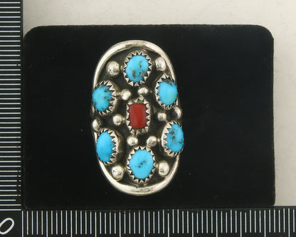 Navajo Ring 925 Sterling Natural Coral & Turquoise Signed EH C.80's Size 5.75