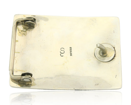 Vintage Navajo Belt Buckle 925 Silver Inlaid Gemstone Signed Stanley Bain C.80's