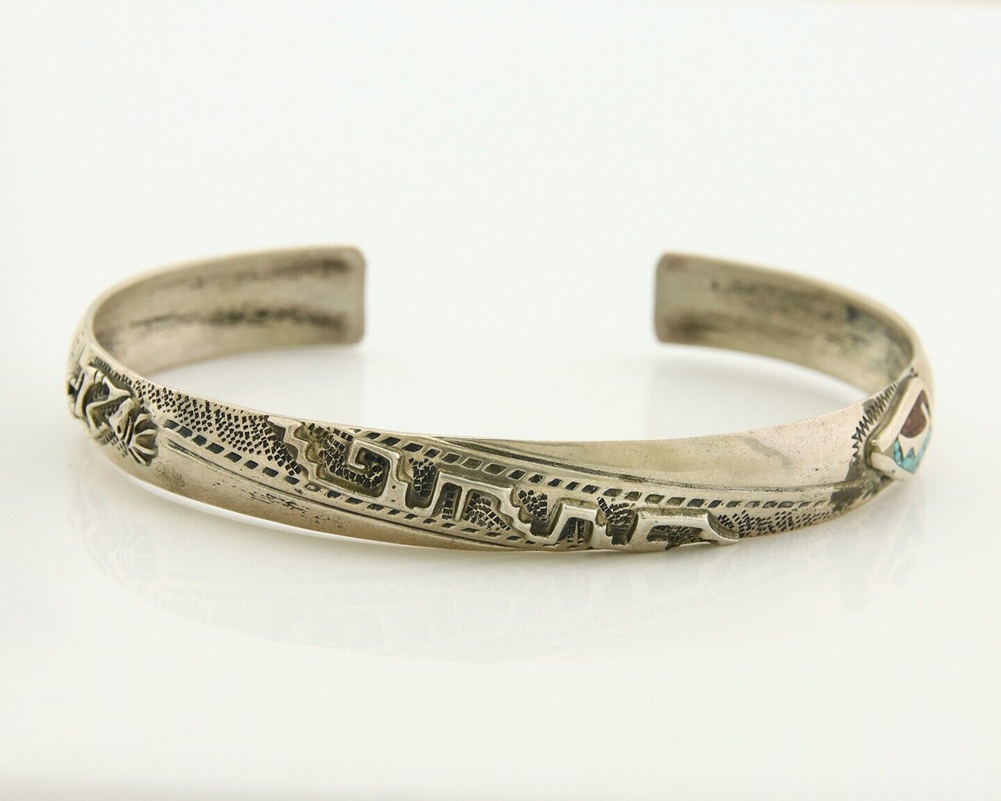 Navajo Bracelet 925 Silver Inlaid Turquoise Coral Native American Artist C.80's