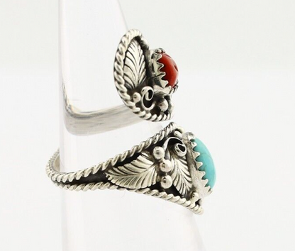 Navajo Adjustable Ring 925 Silver Turquiose & Coral Signed Broken Arrow C.80's