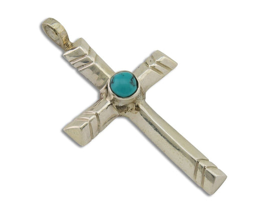 Navajo Sand Cast Cross Pendant 925 Silver Turquoise Artist Signed J Yazzie C.80s