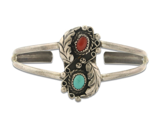 Vintage Navajo Bracelet 925 Silver Red Coral Turquoise Authentic