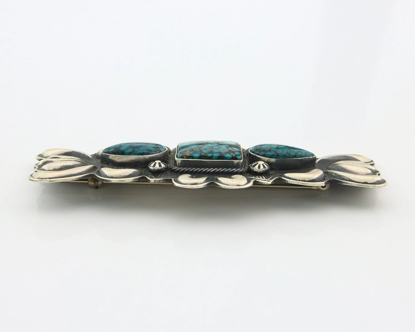 Navajo Handmade Pin Sterling Silver Turquoise Vintage Artist Signed PJ Begay