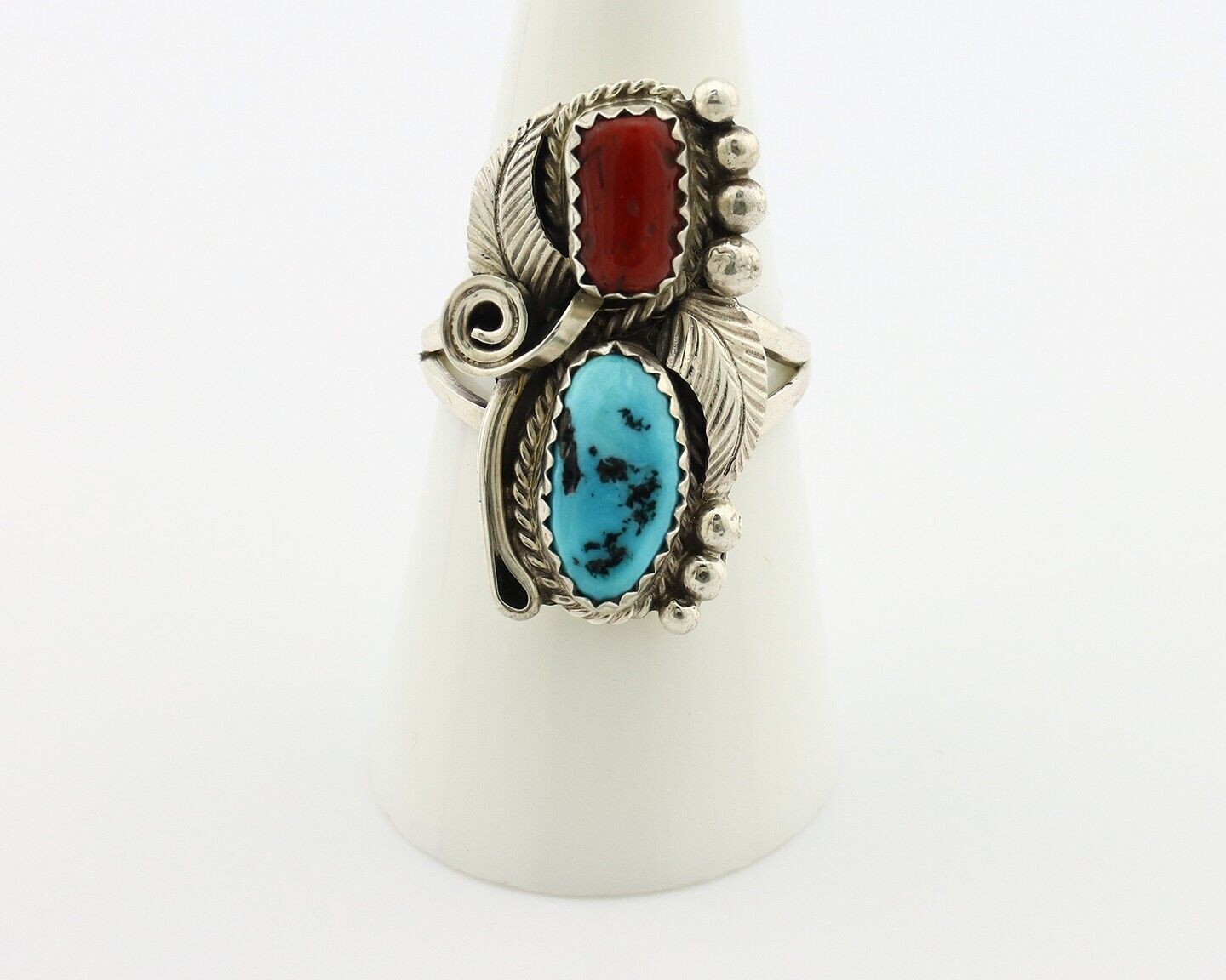 Navajo Ring .925 Silver Turquoise & Coral Artist Signed Justin Morris C.80's