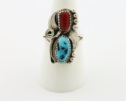 Navajo Ring .925 Silver Turquoise & Coral Artist Signed Justin Morris C.80's