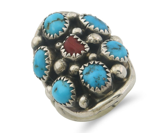 Navajo Ring 925 Sterling Natural Coral & Turquoise Signed MM C.80's Size 6.25