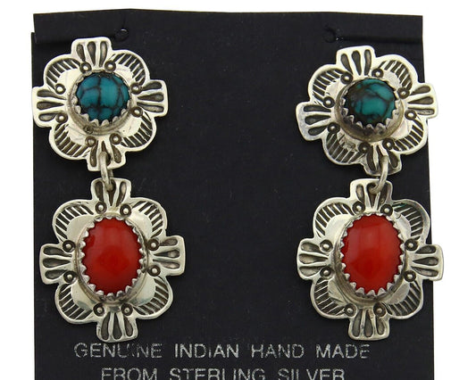 Navajo Earrings 925 Silver Turquoise & Coral Artist Signed Mary Ellen C.80's