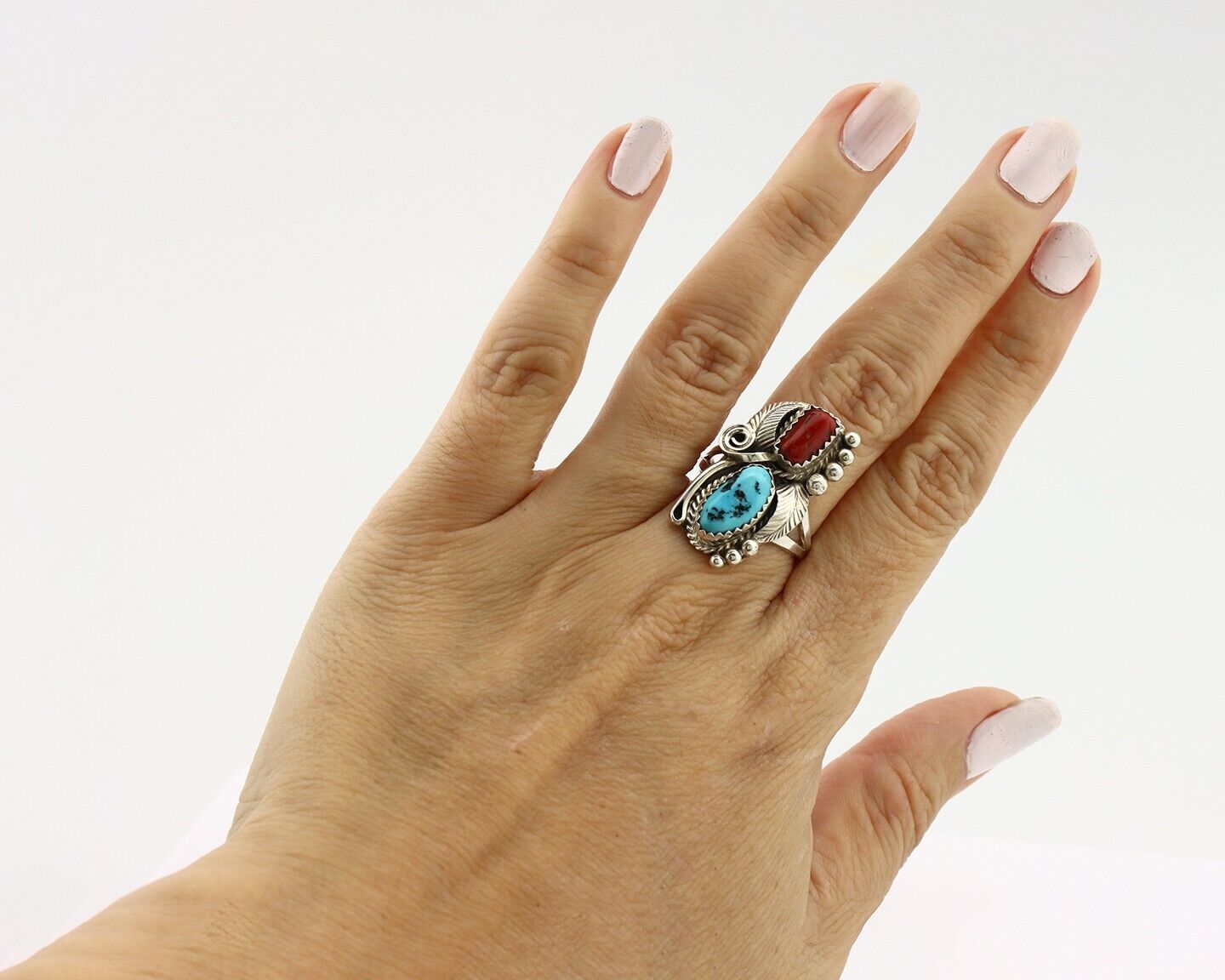 Navajo Ring .925 Silver Turquoise & Coral Artist Signed Justin Morris C.80's