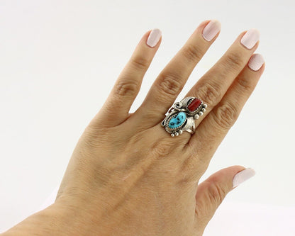 Navajo Ring .925 Silver Turquoise & Coral Artist Signed Justin Morris C.80's