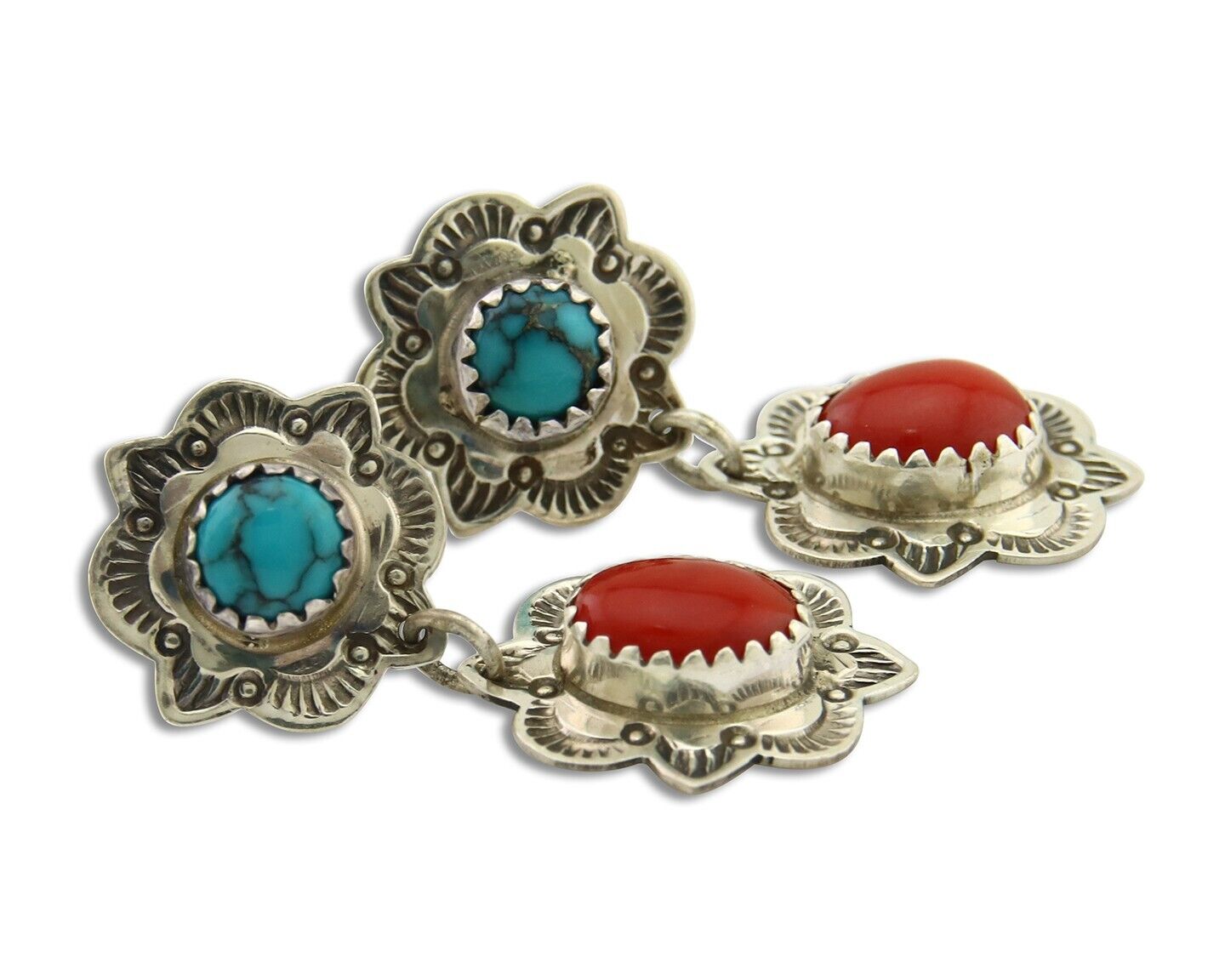 Navajo Earrings 925 Silver Turquoise & Coral Artist Signed Mary Ellen C.80's