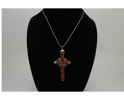 Navajo Cross Pendant 925 Silver Natural Coral Artist Signed Archie Martinez C80s