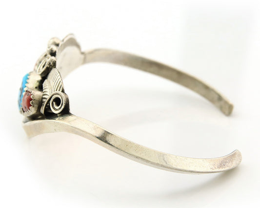 Navajo Cuff Bracelet Sterling Silver Natural Coral Turquoise Sign Justin Morris