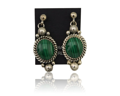 Navajo Dangle Earrings 925 Silver Malachite Native American Artist C.80's