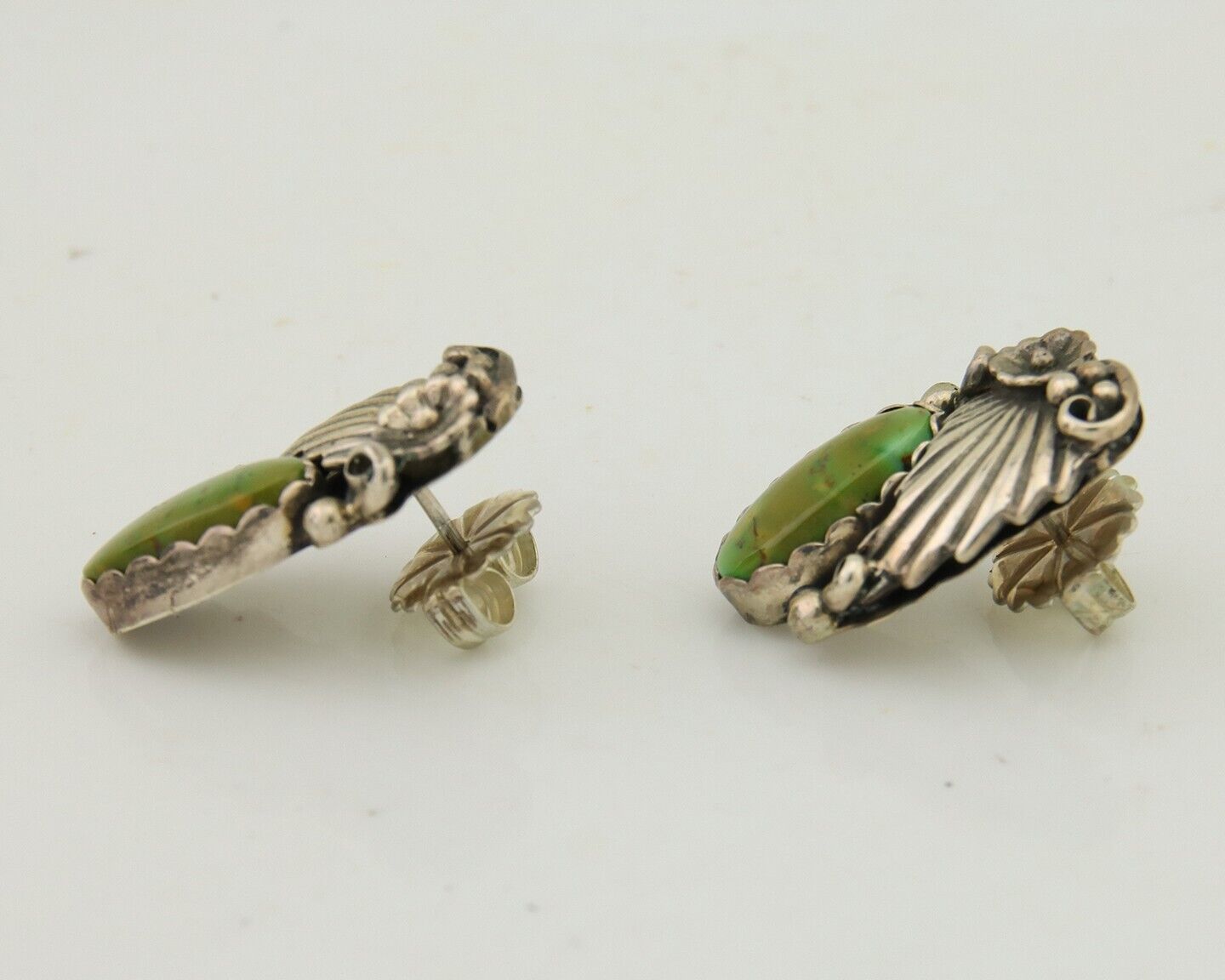 Navajo Earrings 925 Silver Natural Green Turquoise Native Artist Signed C.80's